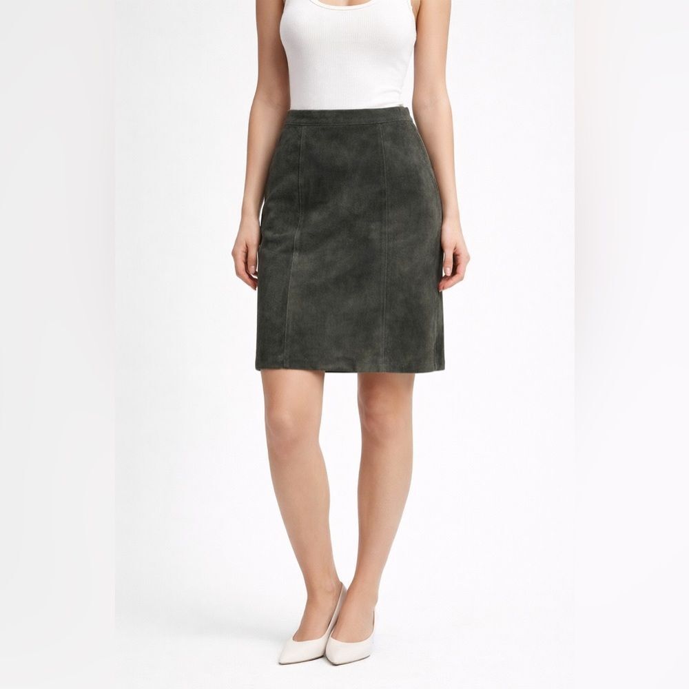 Vintage Women Global Identity Suede Leather Straight Pencil Skirt Green